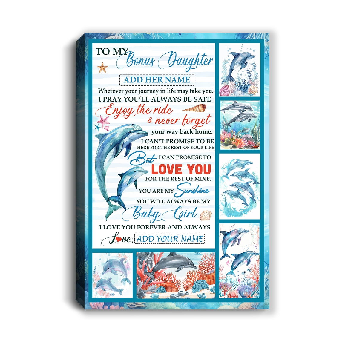 Personalized To My Bonus Daughter Gifts Canvas Dolphin From Stepmom My Sunshine Baby Girl Stepdaughter Birthday Gift Christmas Custom Wall Art Framed Canvas | teecentury
