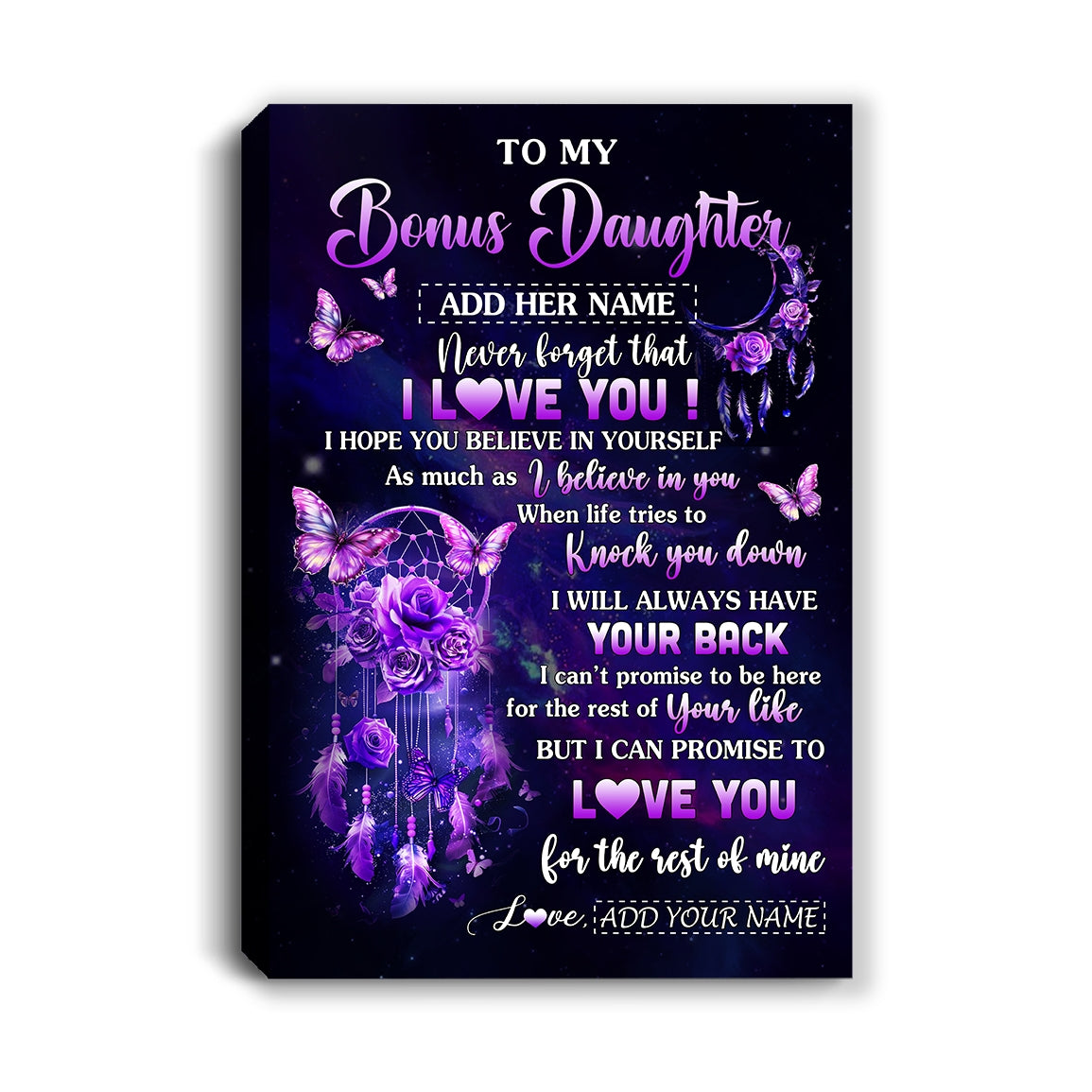 Personalized To My Bonus Daughter Gifts Canvas From Step Mom Floral Butterfly Love You Stepdaughter Birthday Gifts Graduation Christmas Custom Wall Art Framed Canvas | teecentury