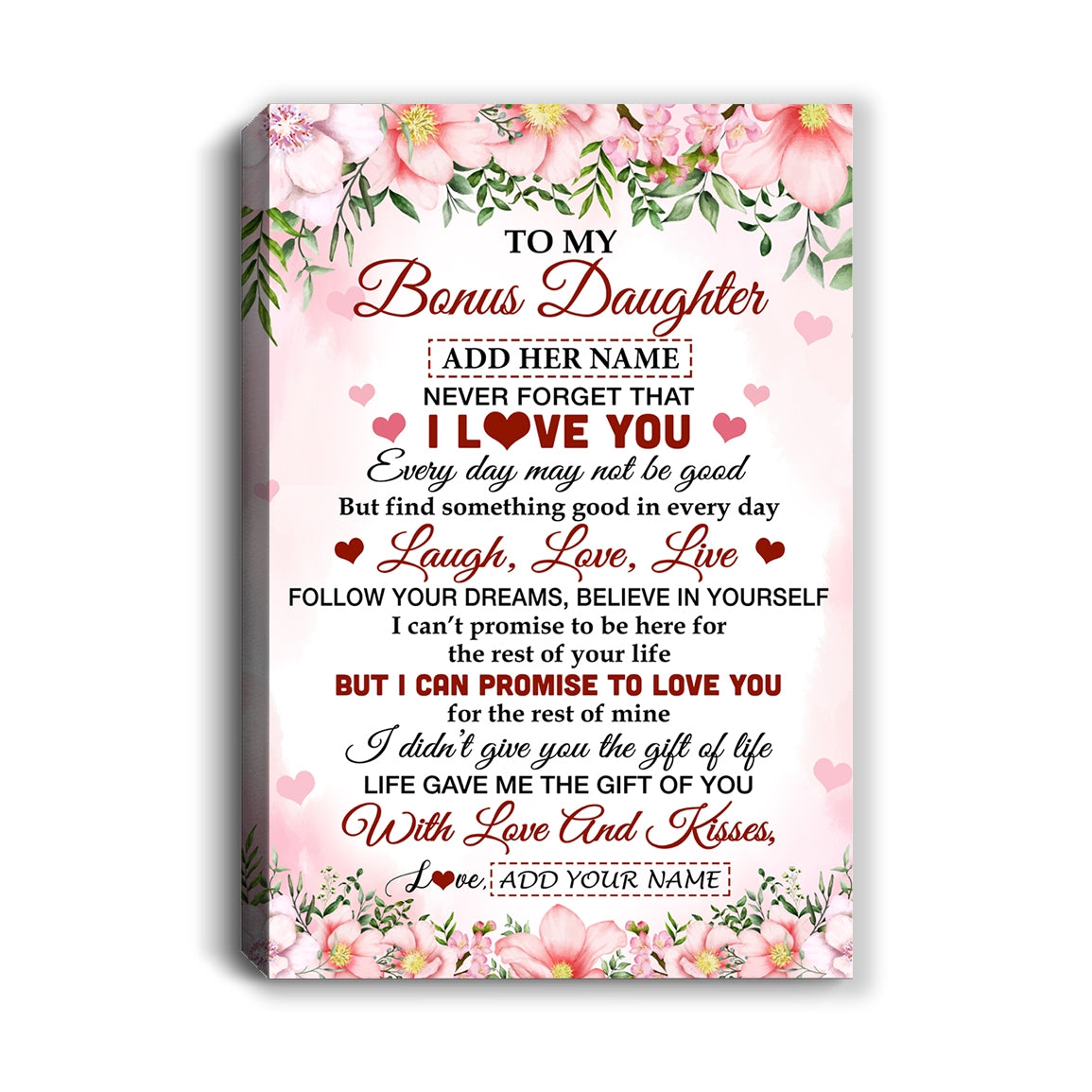 Personalized To My Bonus Daughter Gifts Canvas From Step Mom Floral I Love You Birthday Gifts For Stepdaughter Graduation Christmas Custom Wall Art Framed Canvas | teecentury