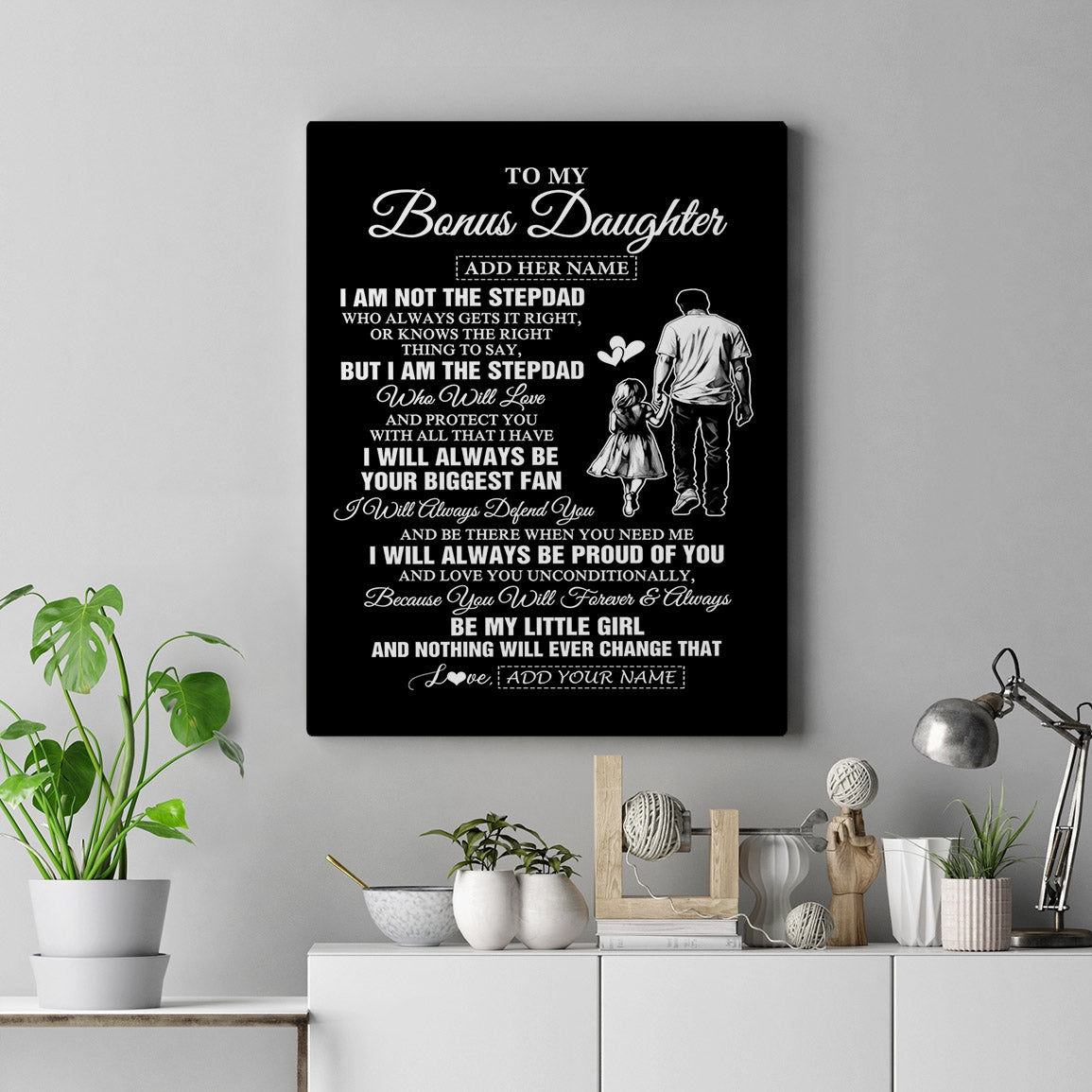 Personalized To My Bonus Daughter Gifts Canvas From Stepdad Biggest Fan Birthday Gifts For Stepdaughter From Stepfather Christmas Custom Wall Art Framed Canvas | teecentury