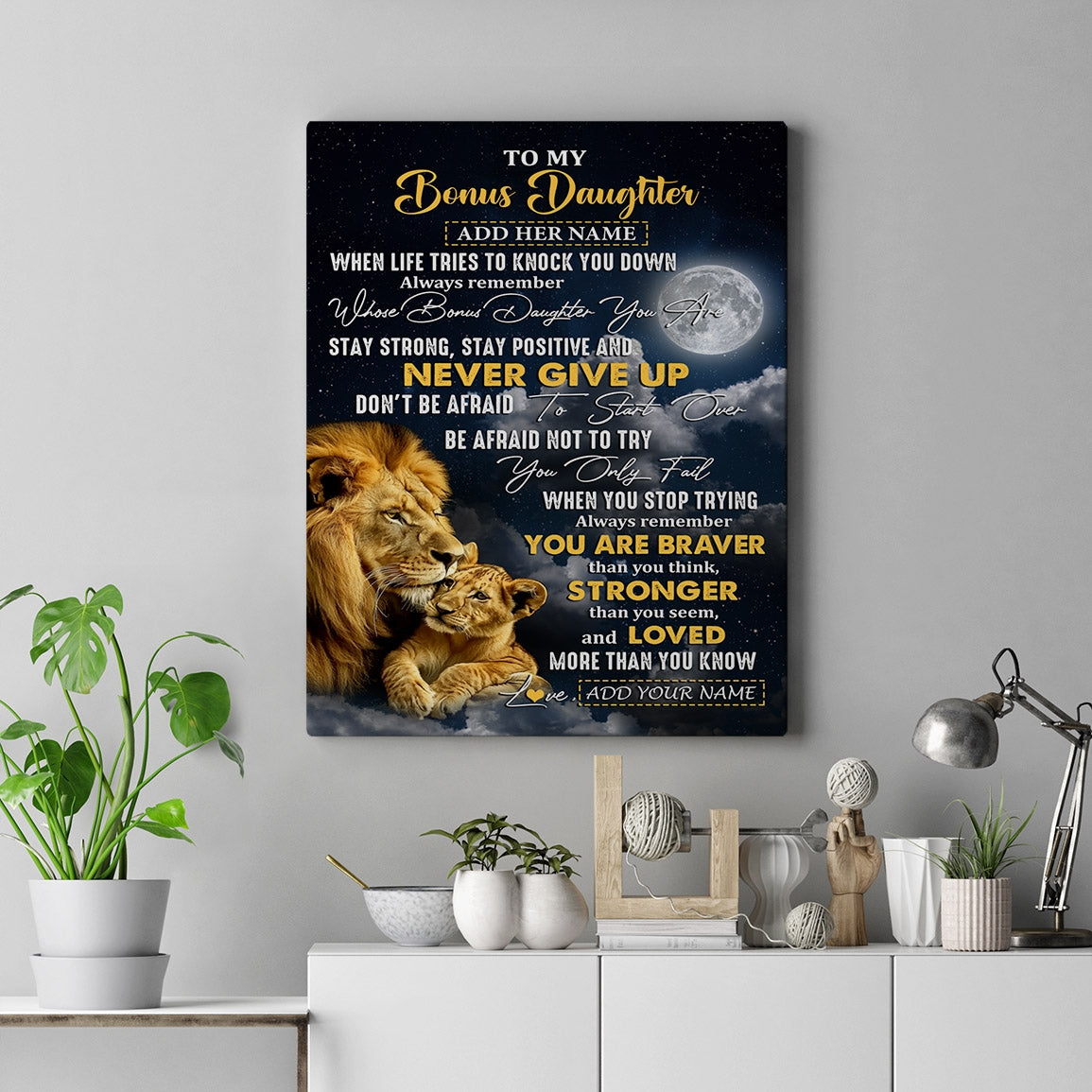 Personalized To My Bonus Daughter Gifts Canvas From Stepdad Lion Never Give Up Stepdaughter Birthday Gifts Graduation Christmas Custom Wall Art Print Framed Canvas | teecentury