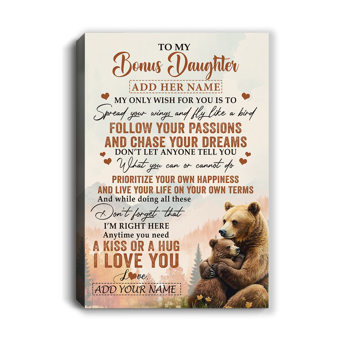 Personalized To My Bonus Daughter Gifts Canvas From Stepmom Stepdad Bear My Only Wish For You Stepdaughter Birthday Gifts Graduation Christmas Custom Art Framed Canvas | teecentury