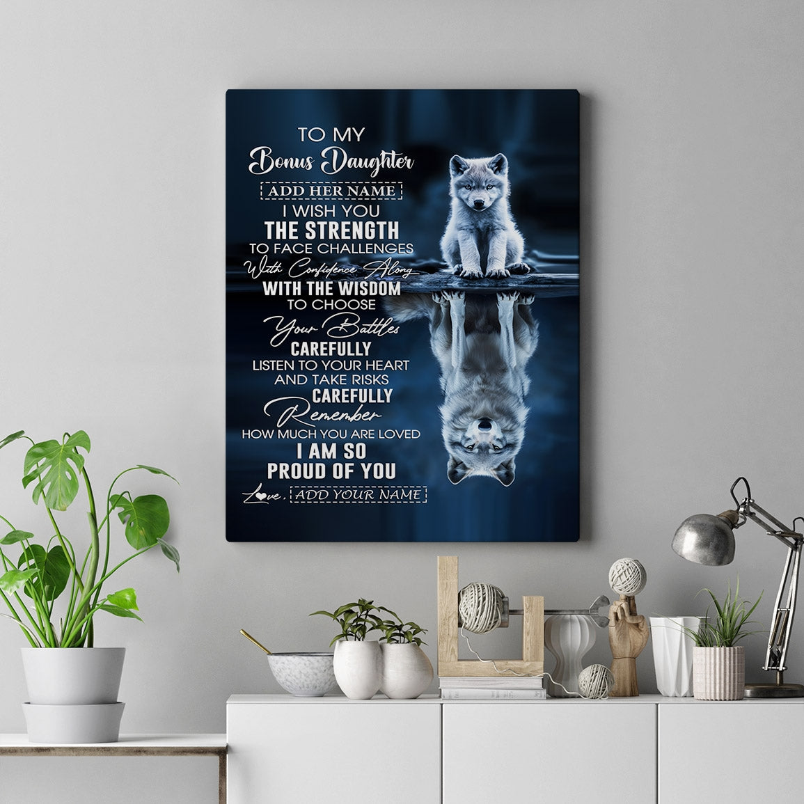 Personalized To My Bonus Daughter Gifts Canvas From Stepmom Stepdad I Wish You The Strength Wolf Stepdaughter Birthday Gifts Christmas Custom Wall Art Framed Canvas | teecentury