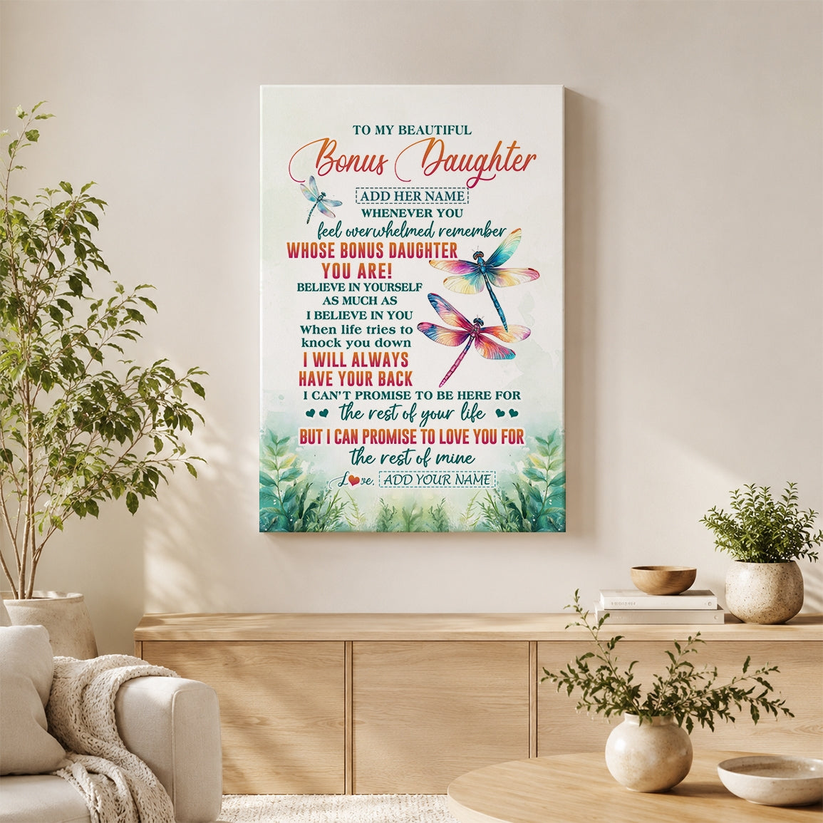 Personalized To My Bonus Daughter Gifts Canvas From Stepmom Stepdad Whenever You Feel Dragonfly Stepdaughter Birthday Gifts Christmas Custom Wall Art Framed Canvas | teecentury