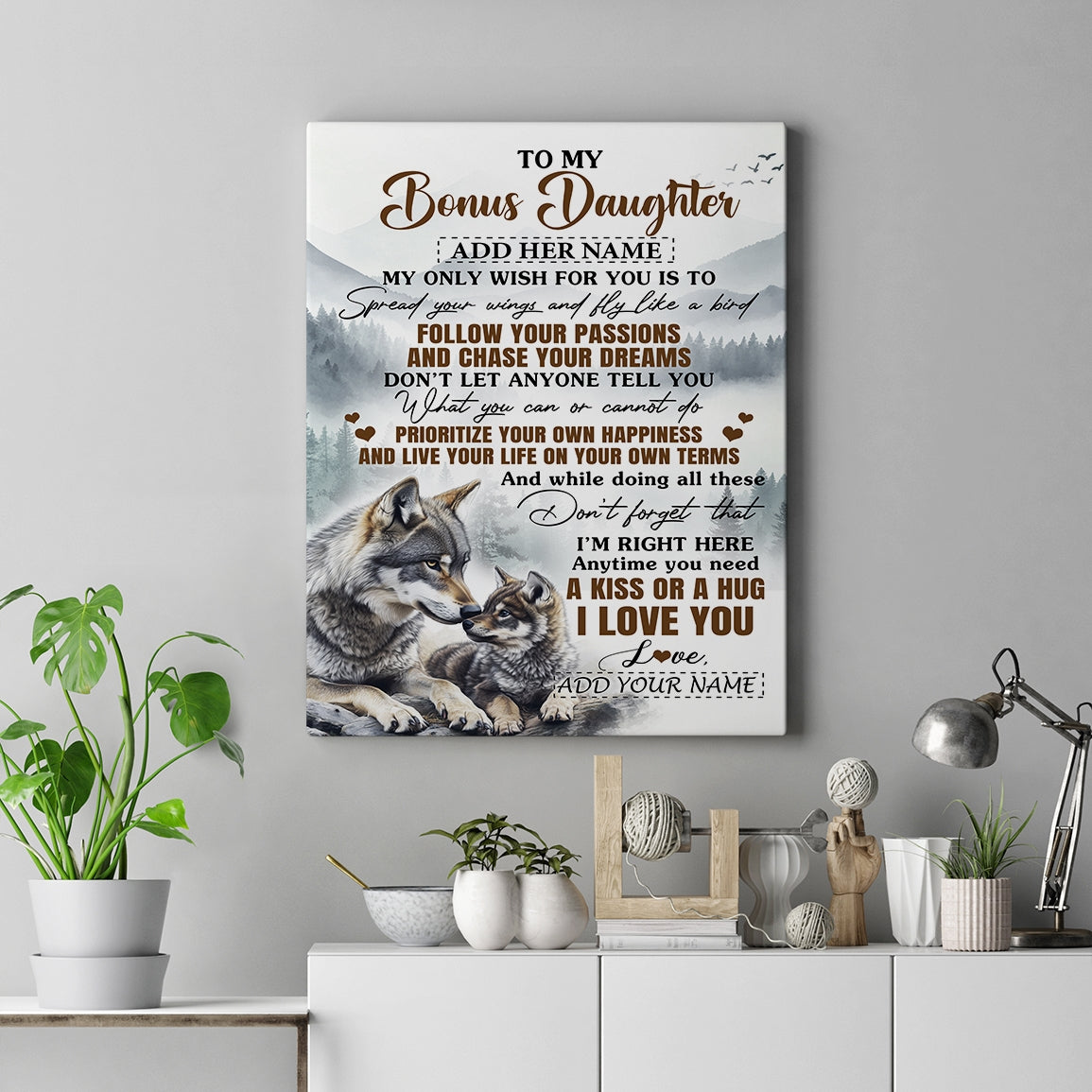 Personalized To My Bonus Daughter Gifts Canvas From Stepmom Wolf My Only Wish For You Stepdaughter Birthday Gifts Graduation Christmas Custom Wall Art Framed Canvas | teecentury