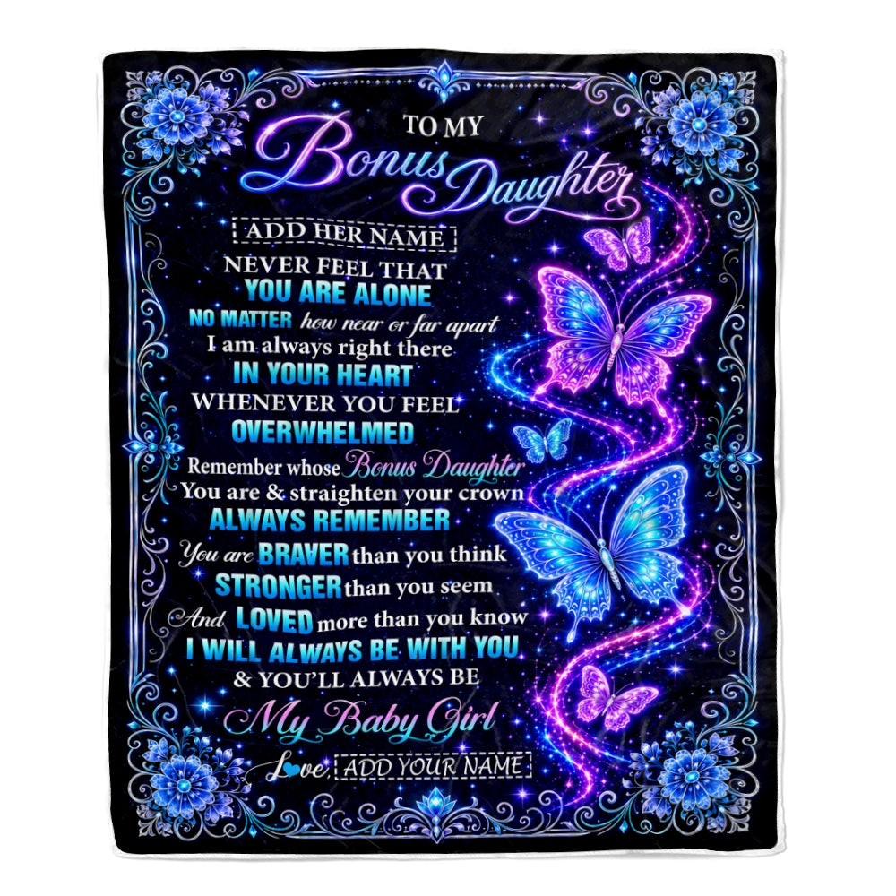 Personalized To My Bonus Daughter Gifts From Dad Mom Blanket Galaxy Butterfly Always Remember Custom Gift For Stepdaughter Birthday Christmas Fleece Blanket | teecentury
