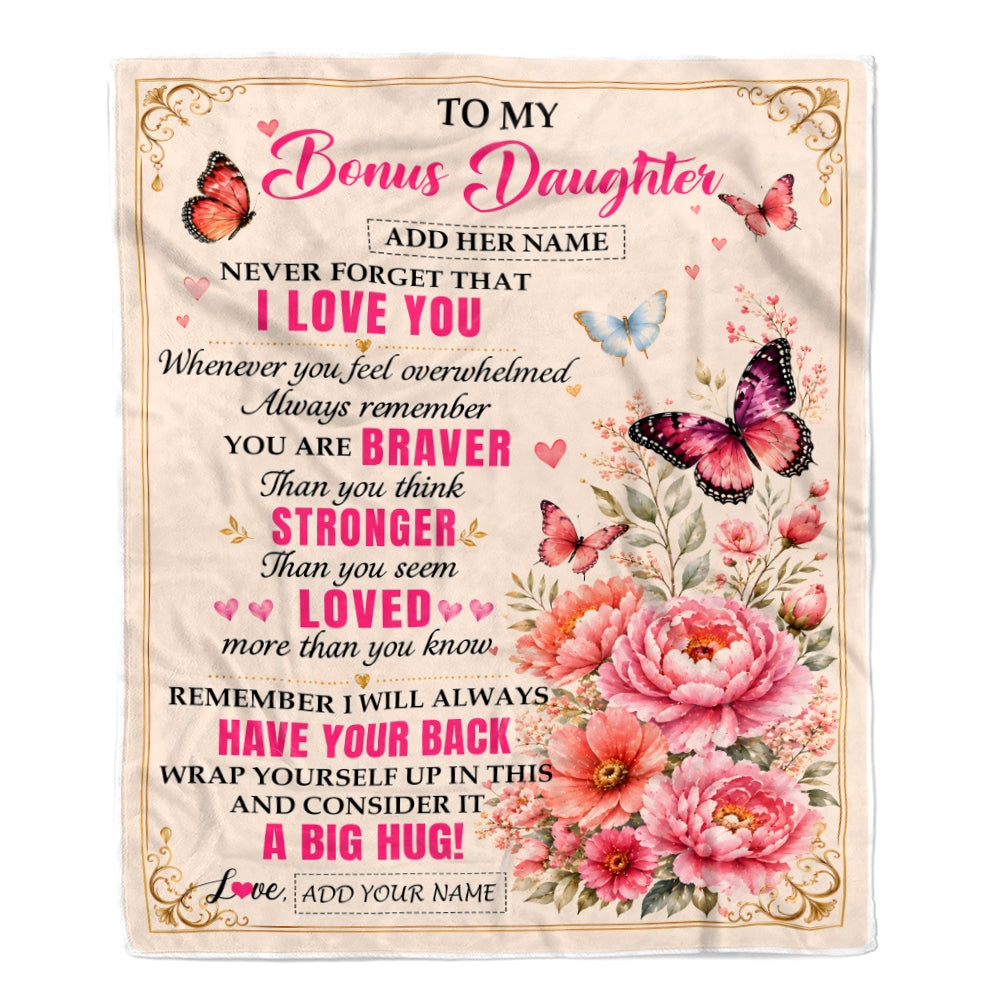 Personalized To My Bonus Daughter Gifts From Dad Mom Blanket Pink Butterfly I Love You Birthday Gift For Stepdaughter Christmas Custom Fleece Throw Blanket | teecentury