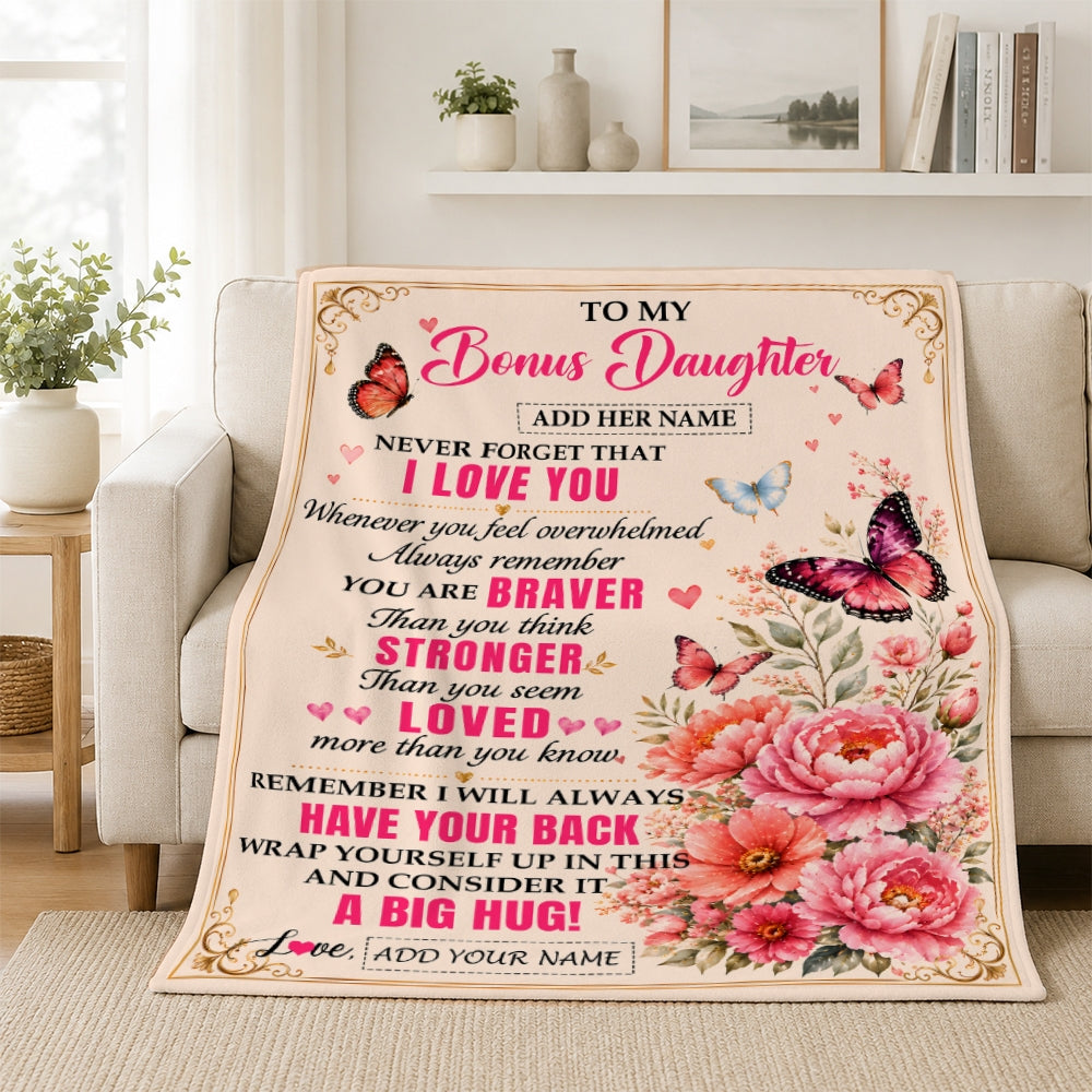Personalized To My Bonus Daughter Gifts From Dad Mom Blanket Pink Butterfly I Love You Birthday Gift For Stepdaughter Christmas Custom Fleece Throw Blanket | teecentury