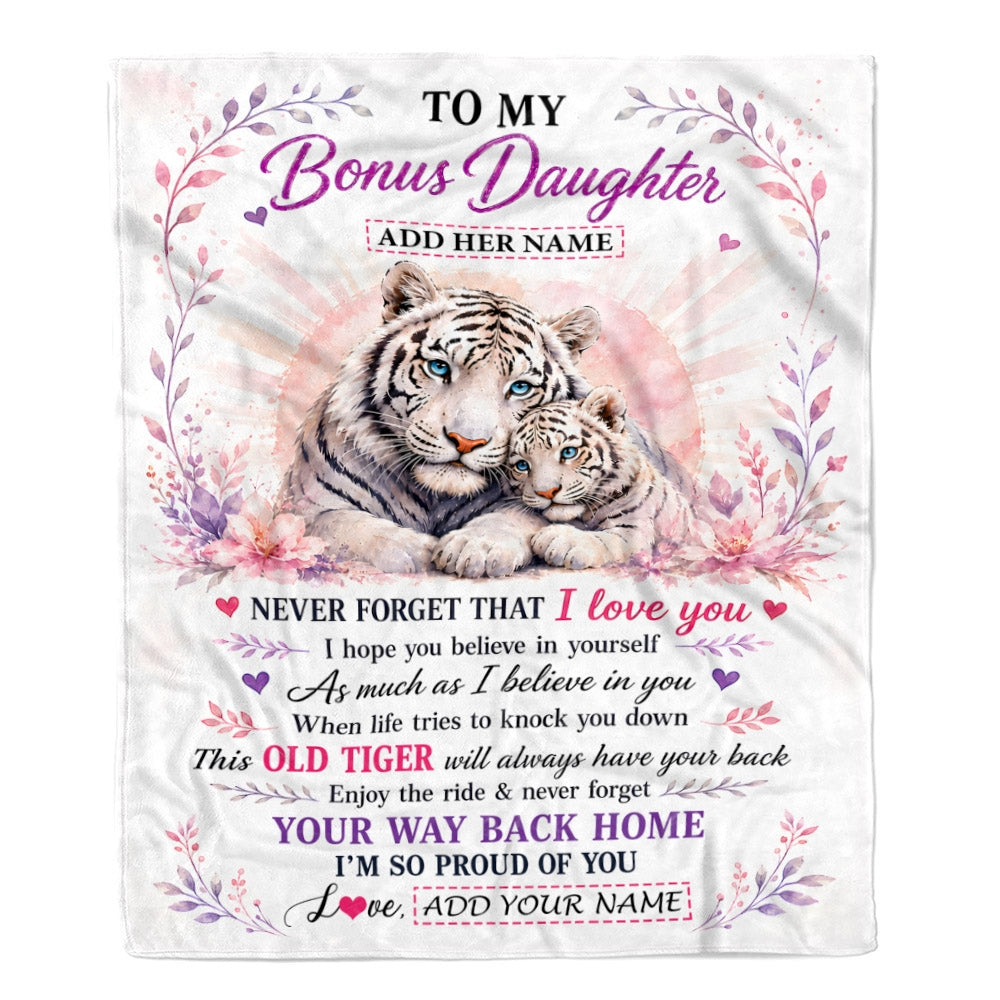 Personalized To My Bonus Daughter Gifts From Dad Mom Blanket White Tiger This Old Tiger Birthday Christmas Gift For Stepdaughter Custom Fleece Throw Blanket | teecentury