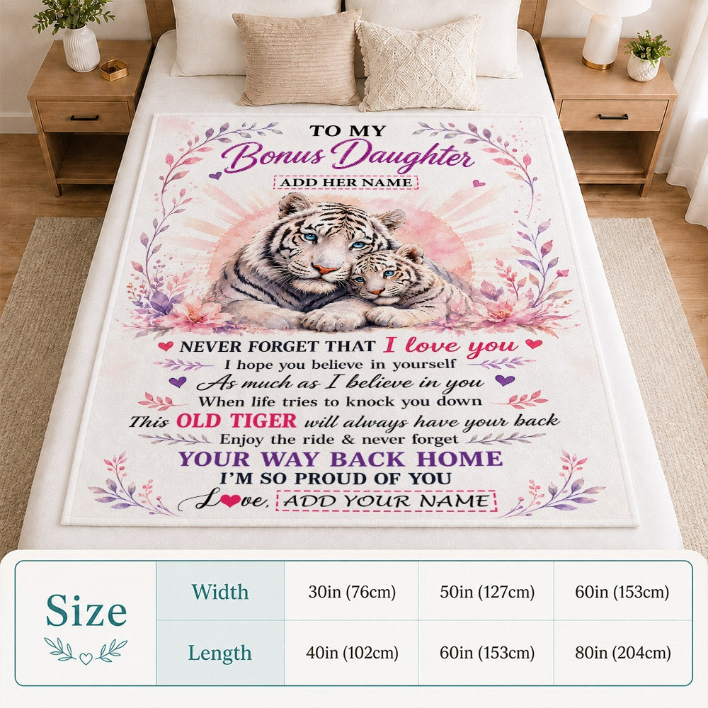 Personalized To My Bonus Daughter Gifts From Dad Mom Blanket White Tiger This Old Tiger Birthday Christmas Gift For Stepdaughter Custom Fleece Throw Blanket | teecentury