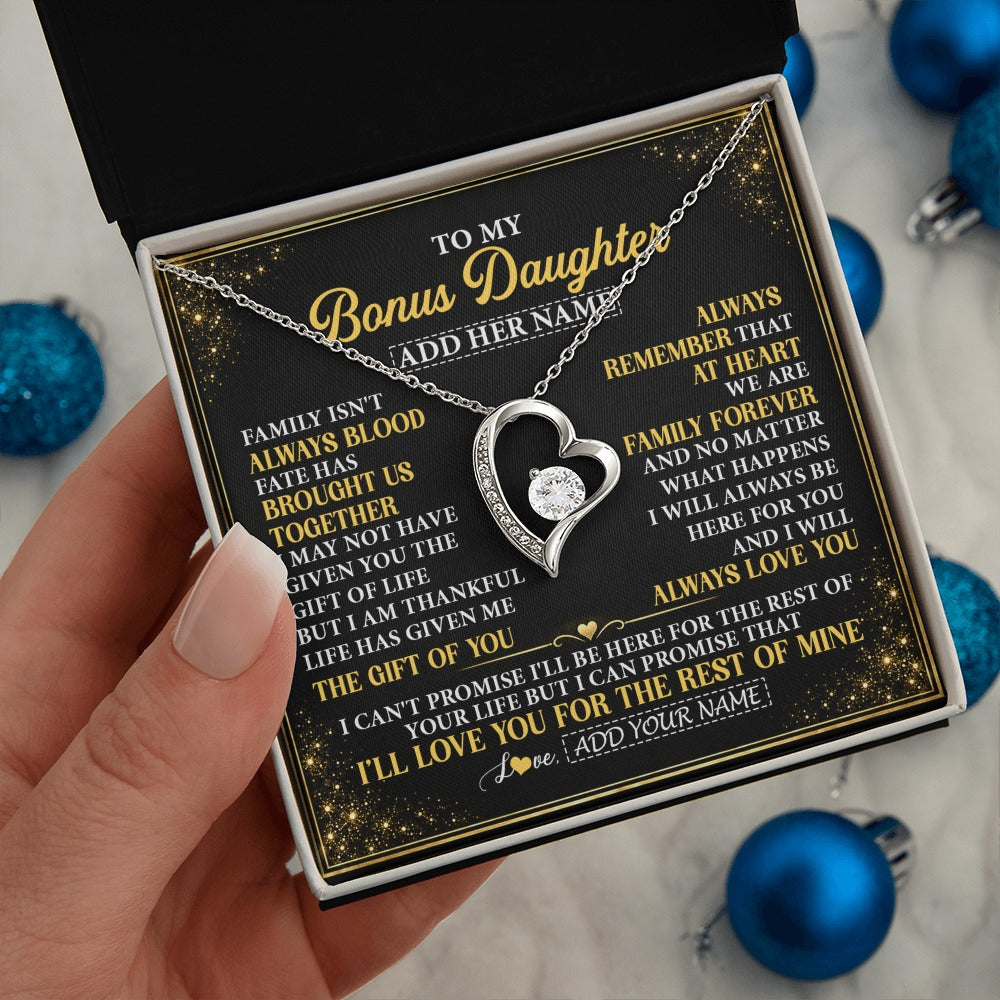 Forever Love Necklace 14K White Gold Finish | 2 | Personalized To My Bonus Daughter Gifts From Mom Dad Family Forever Neclace For Step Daughter Birthday Gifts Christmas Customized Gift Box Message Card | https://teecentury.