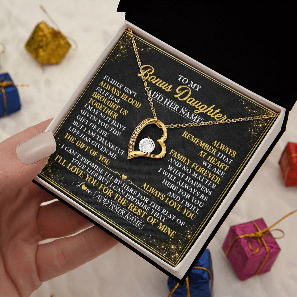 Forever Love Necklace 18K Yellow Gold Finish | 2 | Personalized To My Bonus Daughter Gifts From Mom Dad Family Forever Neclace For Step Daughter Birthday Gifts Christmas Customized Gift Box Message Card | https://teecentury.