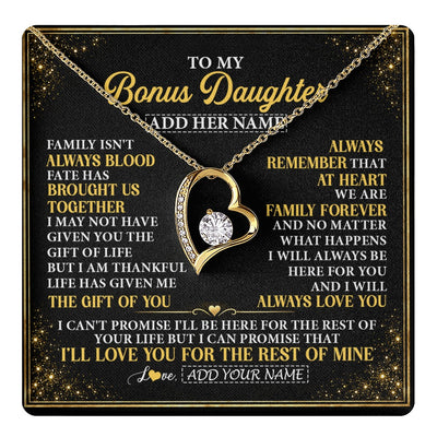 Forever Love Necklace 18K Yellow Gold Finish | 1 | Personalized To My Bonus Daughter Gifts From Mom Dad Family Forever Neclace For Step Daughter Birthday Gifts Christmas Customized Gift Box Message Card | https://teecentury.