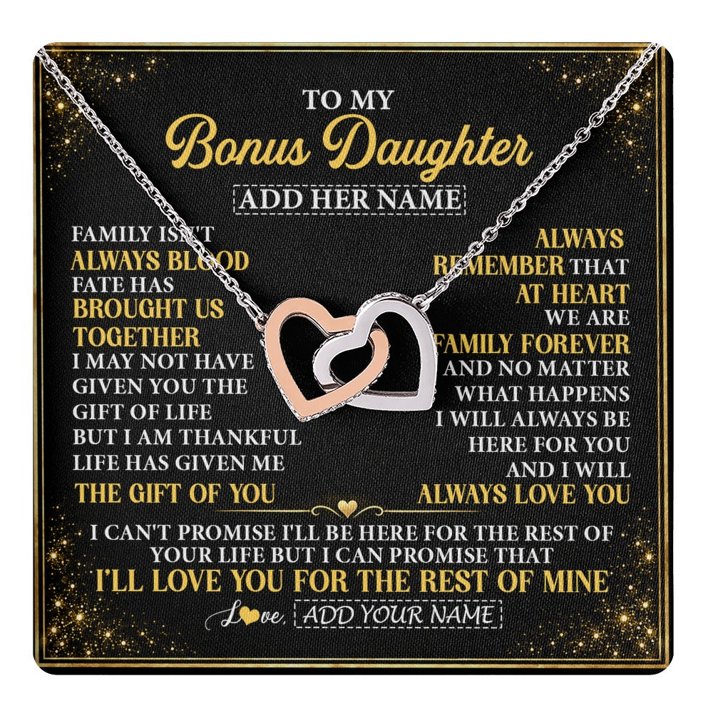 Interlocking Hearts Necklace Stainless Steel & Rose Gold Finish | 1 | Personalized To My Bonus Daughter Gifts From Mom Dad Family Forever Neclace For Step Daughter Birthday Gifts Christmas Customized Gift Box Message Card | https://teecentury.