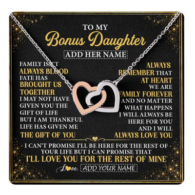 Interlocking Hearts Necklace Stainless Steel & Rose Gold Finish | 1 | Personalized To My Bonus Daughter Gifts From Mom Dad Family Forever Neclace For Step Daughter Birthday Gifts Christmas Customized Gift Box Message Card | https://teecentury.