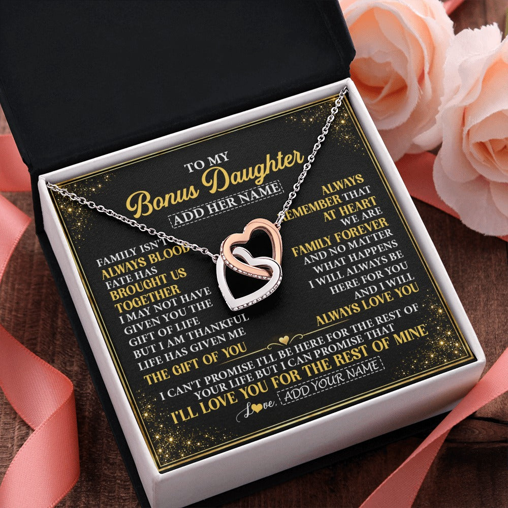 Interlocking Hearts Necklace Stainless Steel & Rose Gold Finish | 2 | Personalized To My Bonus Daughter Gifts From Mom Dad Family Forever Neclace For Step Daughter Birthday Gifts Christmas Customized Gift Box Message Card | https://teecentury.