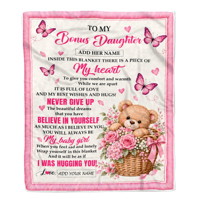 Personalized To My Bonus Daughter Gifts From Mom Dad Inside This Blanket Butterfly Bear Birthday Gift For Stepdaughter Graduation Christmas Fleece Blanket | teecentury