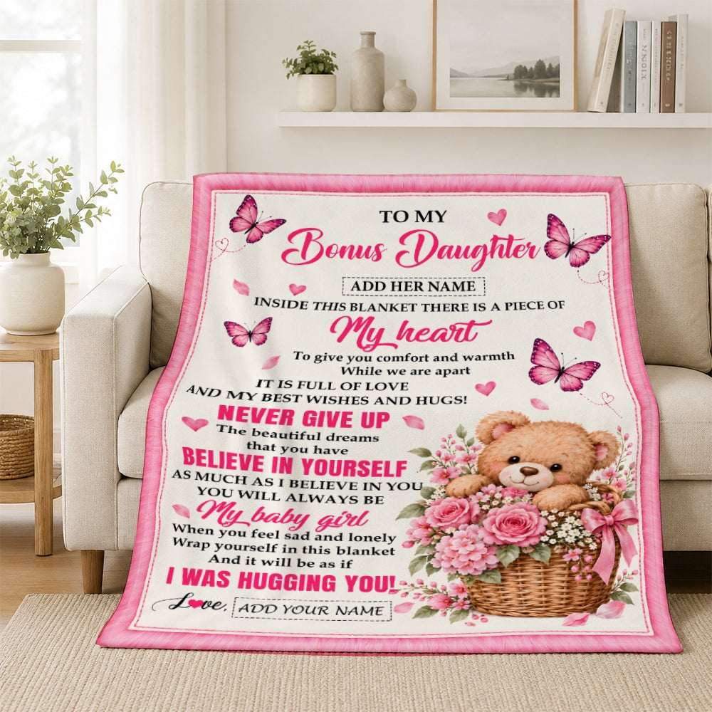 Personalized To My Bonus Daughter Gifts From Mom Dad Inside This Blanket Butterfly Bear Birthday Gift For Stepdaughter Graduation Christmas Fleece Blanket | teecentury