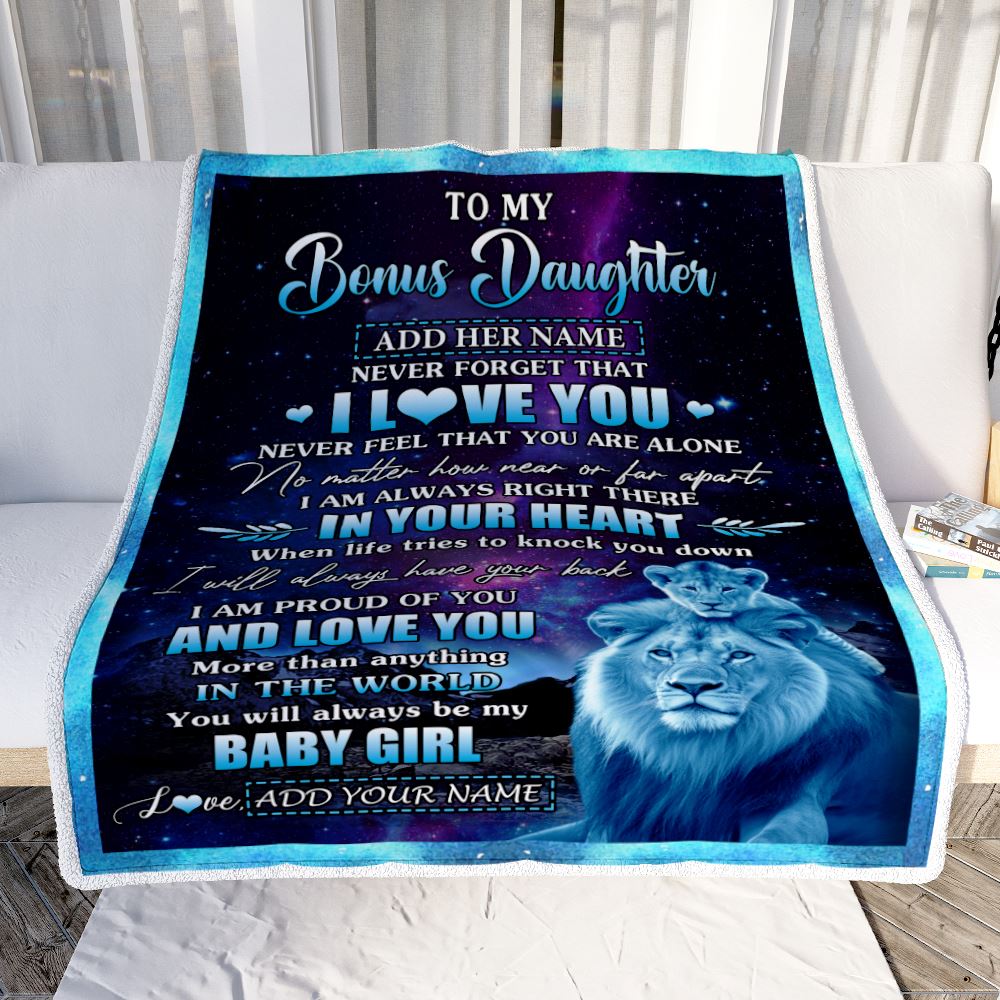 Personalized To My Bonus Daughter Gifts From Step Dad Blanket I Love You Lion Birthday Gift Ideas For Stepdaughter Graduation Christmas Fleece Throw Blanket | teecentury