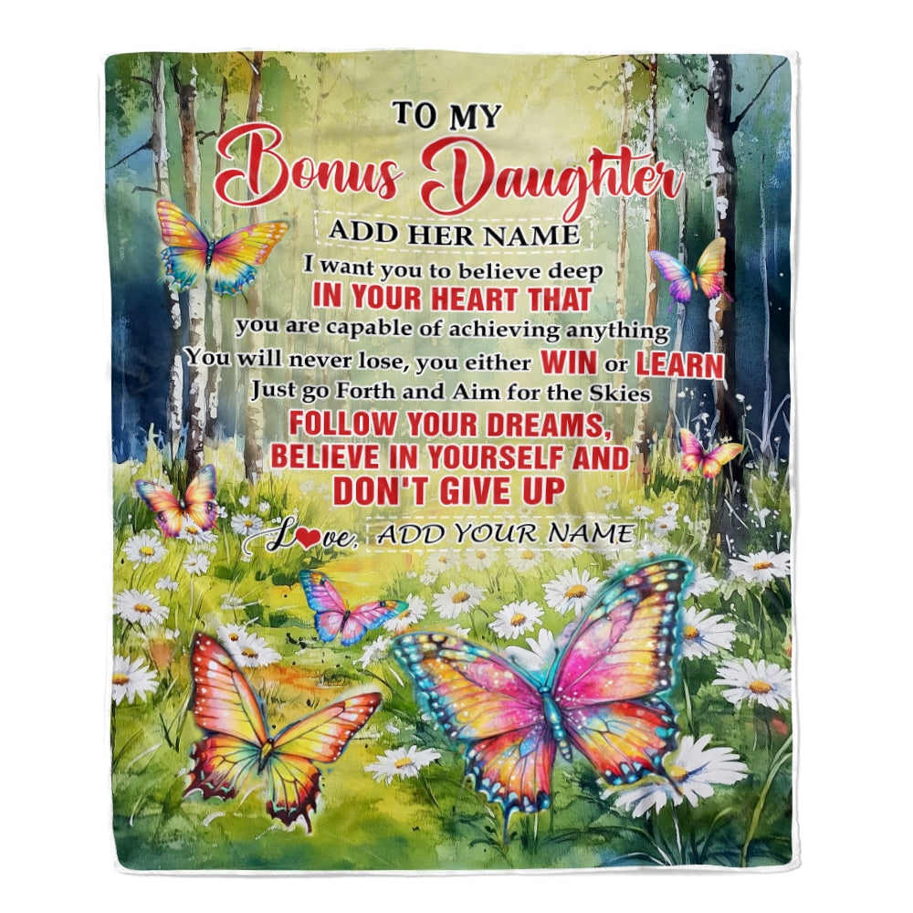Personalized To My Bonus Daughter Gifts From Step Mom Blanket Don't Give Up Butterfly Gifts For Stepdaughter Birthday Graduation Christmas Fleece Blanket | teecentury