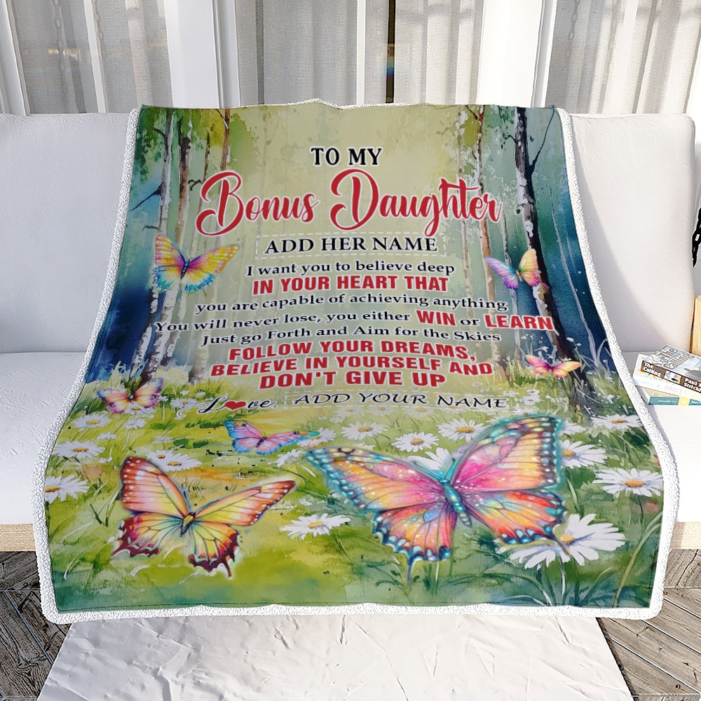 Personalized To My Bonus Daughter Gifts From Step Mom Blanket Don't Give Up Butterfly Gifts For Stepdaughter Birthday Graduation Christmas Fleece Blanket | teecentury