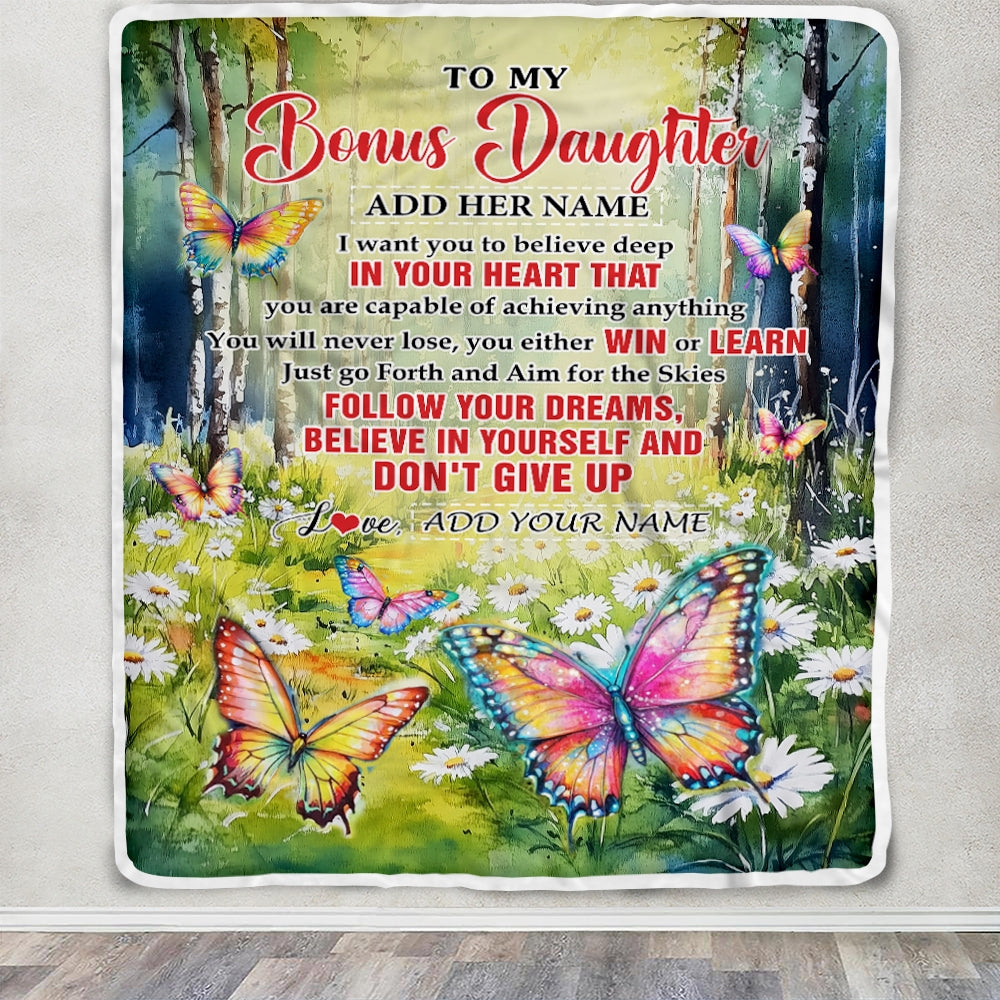 Personalized To My Bonus Daughter Gifts From Step Mom Blanket Don't Give Up Butterfly Gifts For Stepdaughter Birthday Graduation Christmas Fleece Blanket | teecentury