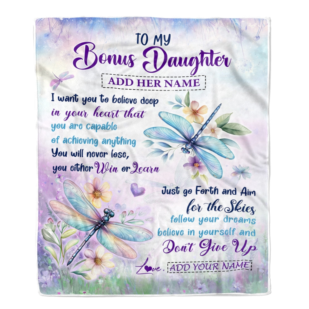 Personalized To My Bonus Daughter Gifts From Step Mom Blanket Don't Give Up Dragonfly Gifts For Stepdaughter Birthday Graduation Christmas Fleece Blanket | teecentury