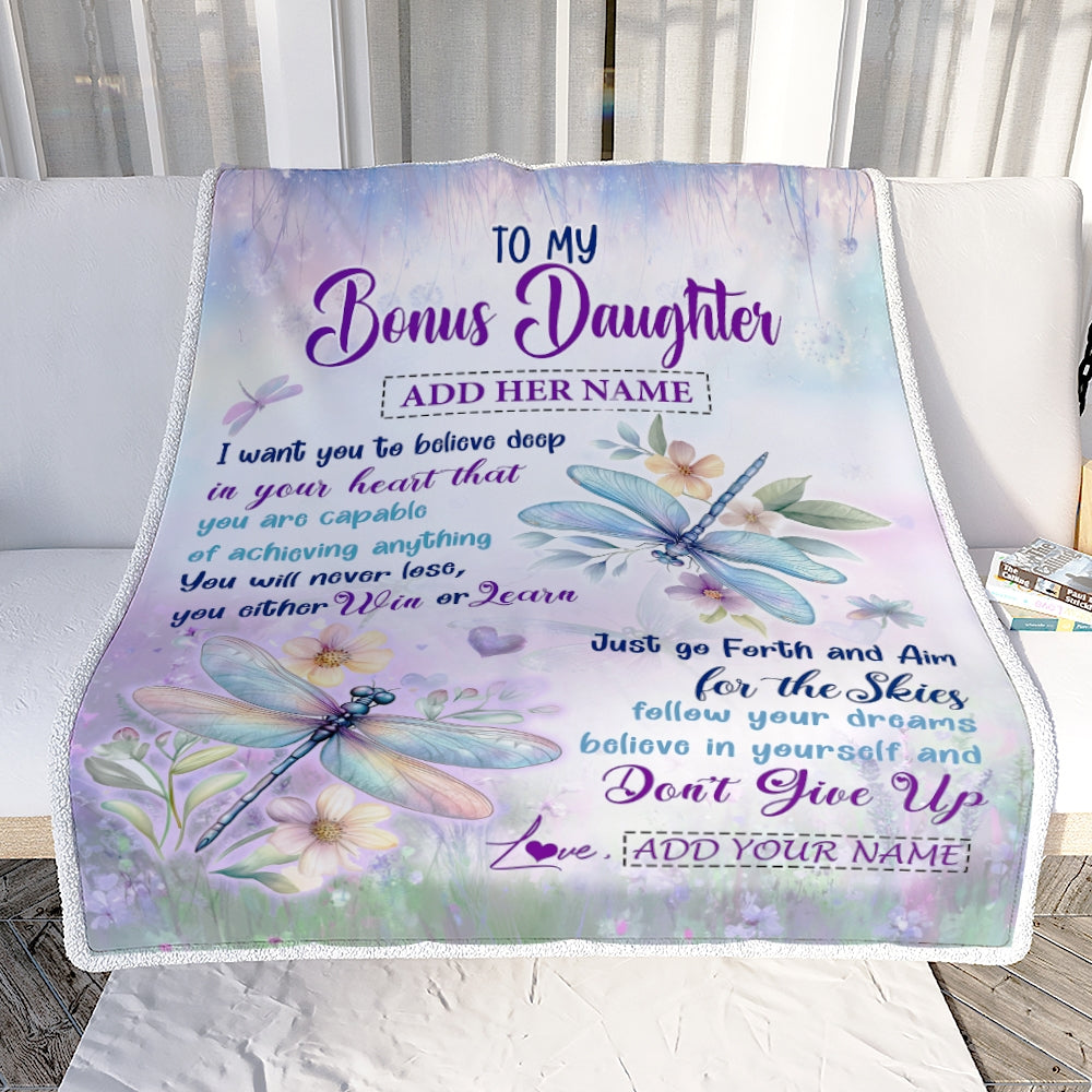 Personalized To My Bonus Daughter Gifts From Step Mom Blanket Don't Give Up Dragonfly Gifts For Stepdaughter Birthday Graduation Christmas Fleece Blanket | teecentury