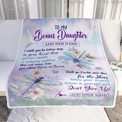 Personalized To My Bonus Daughter Gifts From Step Mom Blanket Don't Give Up Dragonfly Gifts For Stepdaughter Birthday Graduation Christmas Fleece Blanket | teecentury