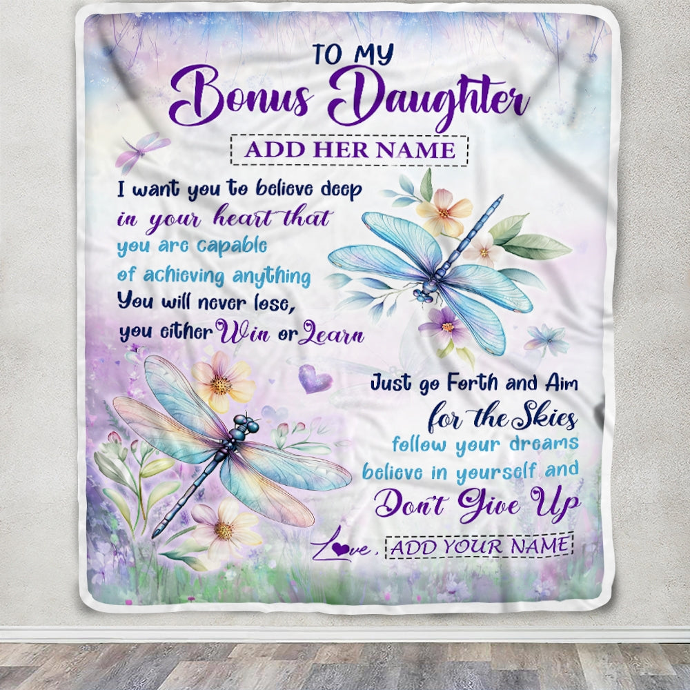 Personalized To My Bonus Daughter Gifts From Step Mom Blanket Don't Give Up Dragonfly Gifts For Stepdaughter Birthday Graduation Christmas Fleece Blanket | teecentury