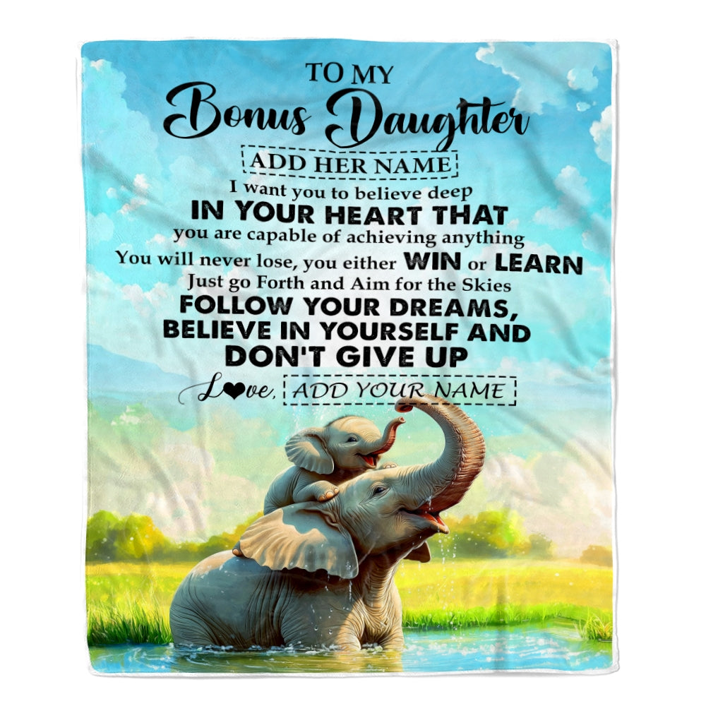 Personalized To My Bonus Daughter Gifts From Step Mom Blanket Don't Give Up Elephant Gifts For Stepdaughter Birthday Graduation Christmas Fleece Blanket | teecentury