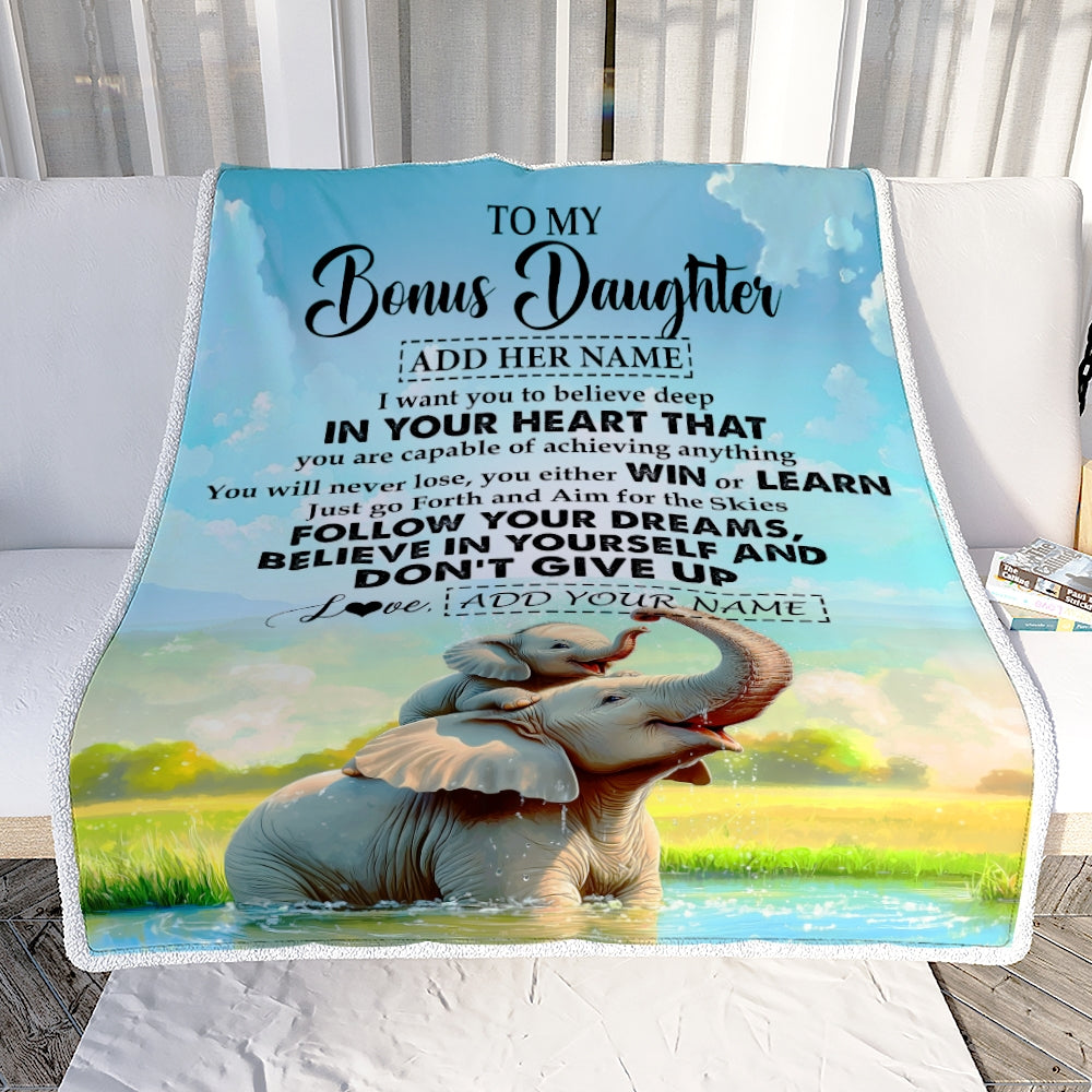 Personalized To My Bonus Daughter Gifts From Step Mom Blanket Don't Give Up Elephant Gifts For Stepdaughter Birthday Graduation Christmas Fleece Blanket | teecentury