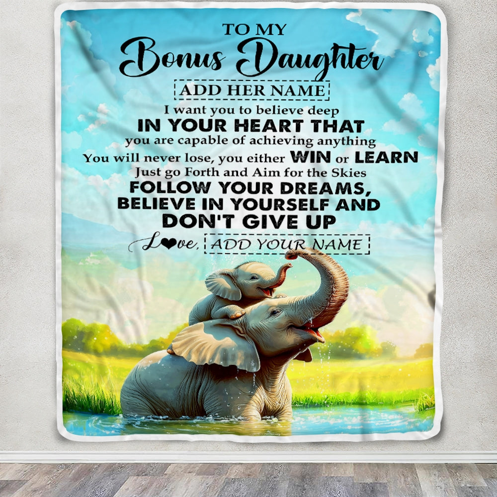 Personalized To My Bonus Daughter Gifts From Step Mom Blanket Don't Give Up Elephant Gifts For Stepdaughter Birthday Graduation Christmas Fleece Blanket | teecentury