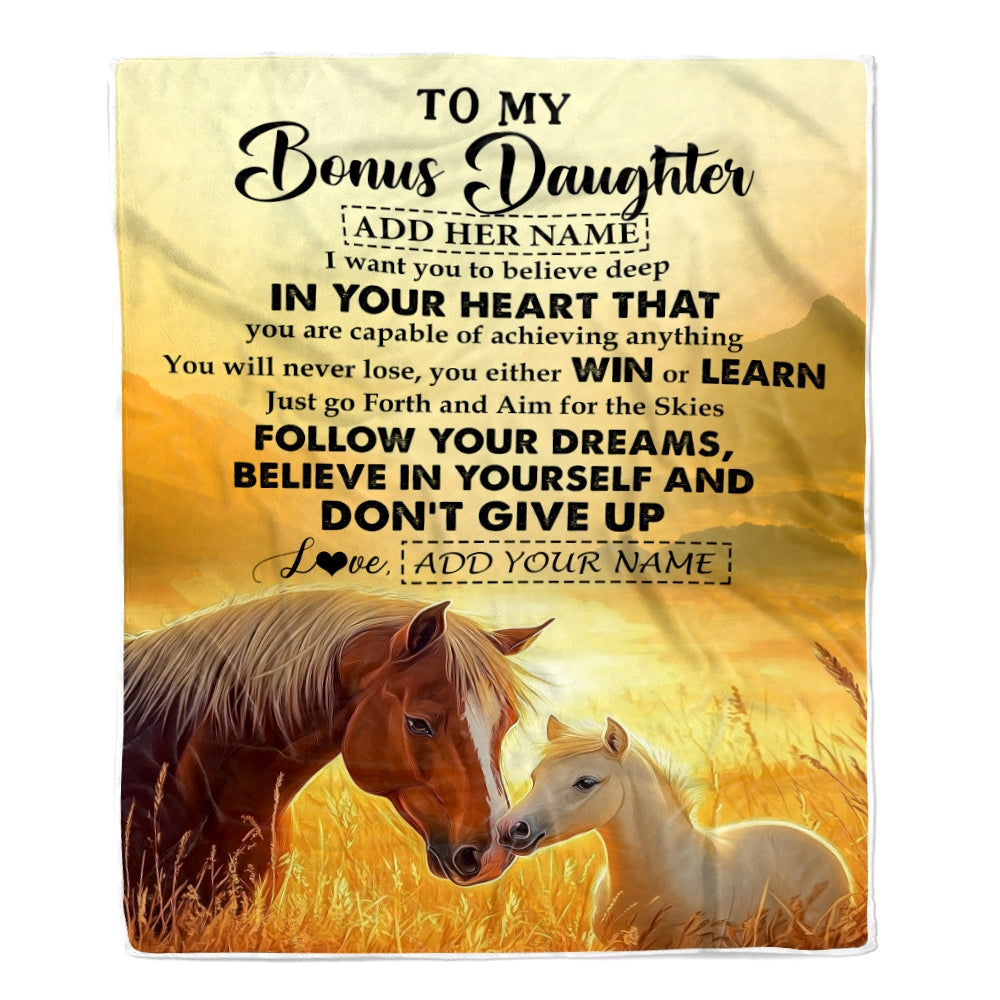Personalized To My Bonus Daughter Gifts From Step Mom Blanket Don't Give Up Horse Gifts For Stepdaughter Birthday Graduation Christmas Custom Fleece Blanket | teecentury