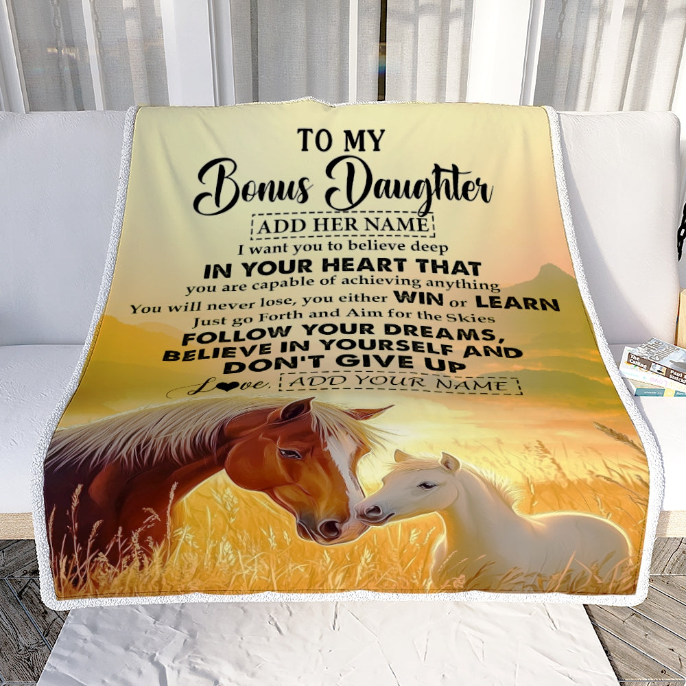 Personalized To My Bonus Daughter Gifts From Step Mom Blanket Don't Give Up Horse Gifts For Stepdaughter Birthday Graduation Christmas Custom Fleece Blanket | teecentury