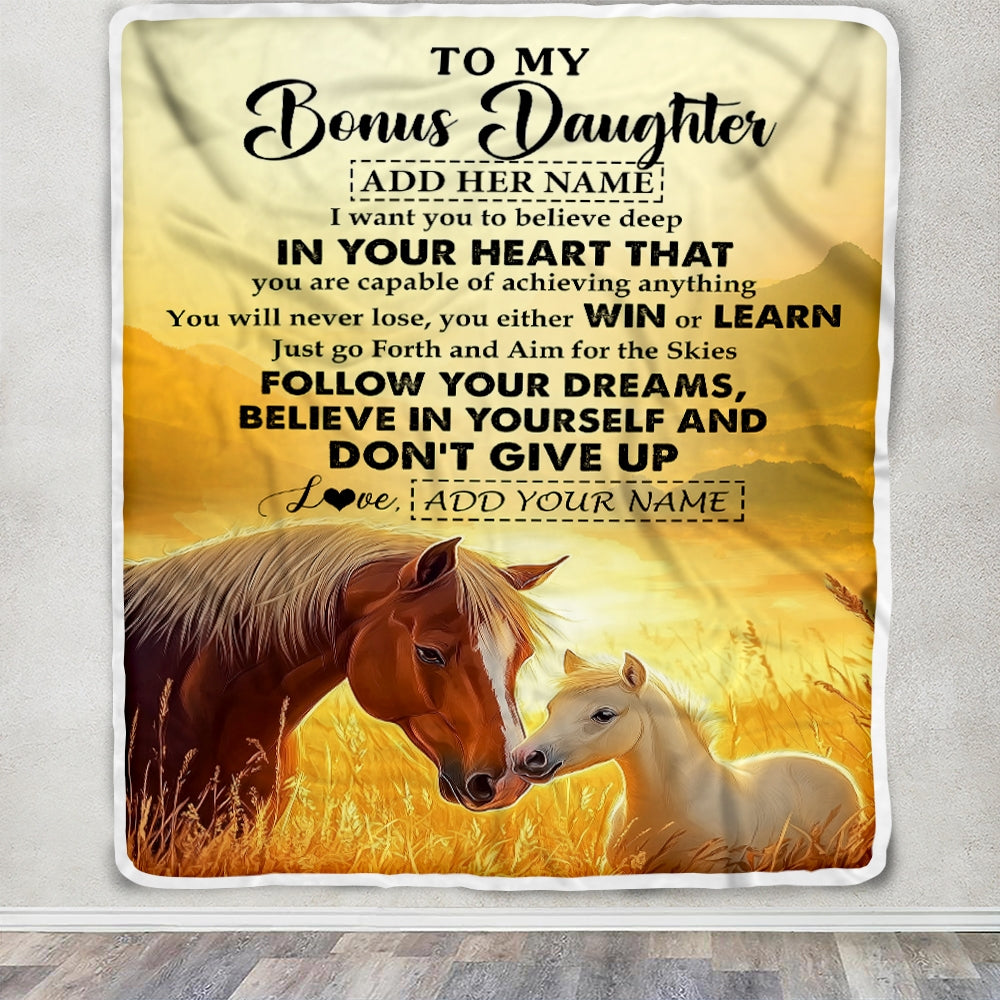 Personalized To My Bonus Daughter Gifts From Step Mom Blanket Don't Give Up Horse Gifts For Stepdaughter Birthday Graduation Christmas Custom Fleece Blanket | teecentury