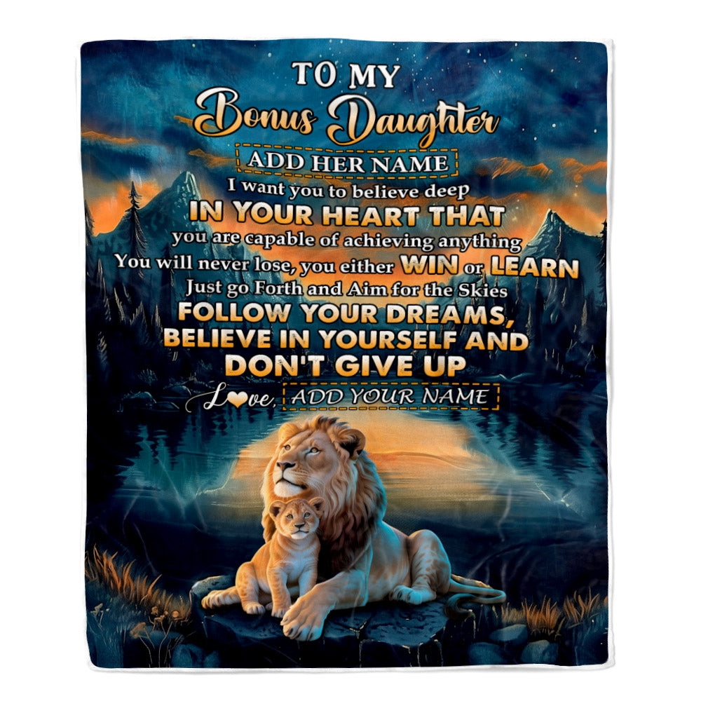 Personalized To My Bonus Daughter Gifts From Step Mom Blanket Don't Give Up Lion Gifts For Stepdaughter Birthday Graduation Christmas Customized Fleece Blanket | teecentury