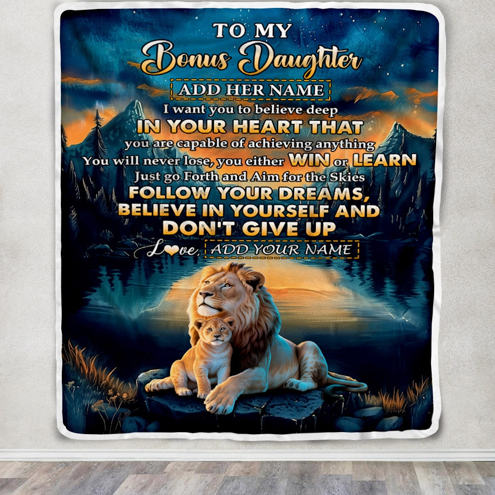 Personalized To My Bonus Daughter Gifts From Step Mom Blanket Don't Give Up Lion Gifts For Stepdaughter Birthday Graduation Christmas Customized Fleece Blanket | teecentury