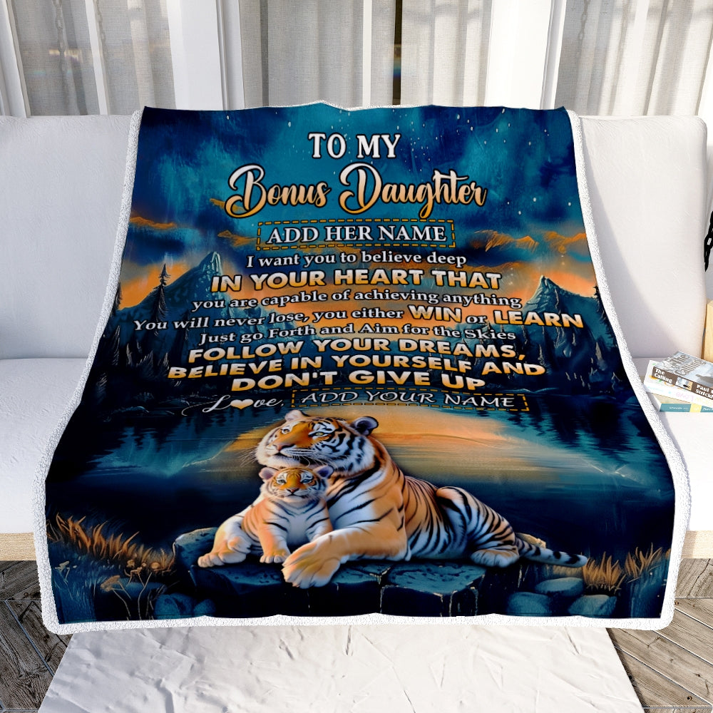 Personalized To My Bonus Daughter Gifts From Step Mom Blanket Don't Give Up Tiger Gifts For Stepdaughter Birthday Graduation Christmas Custom Fleece Blanket | teecentury