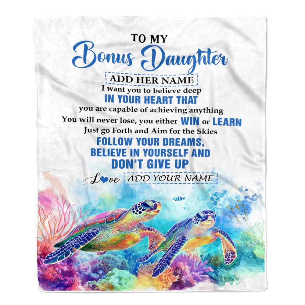 Personalized To My Bonus Daughter Gifts From Step Mom Blanket Don't Give Up Turtle Gifts For Stepdaughter Birthday Graduation Christmas Custom Fleece Blanket | teecentury