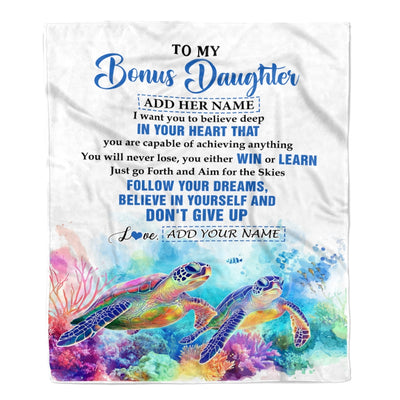 Personalized To My Bonus Daughter Gifts From Step Mom Blanket Don't Give Up Turtle Gifts For Stepdaughter Birthday Graduation Christmas Custom Fleece Blanket | teecentury