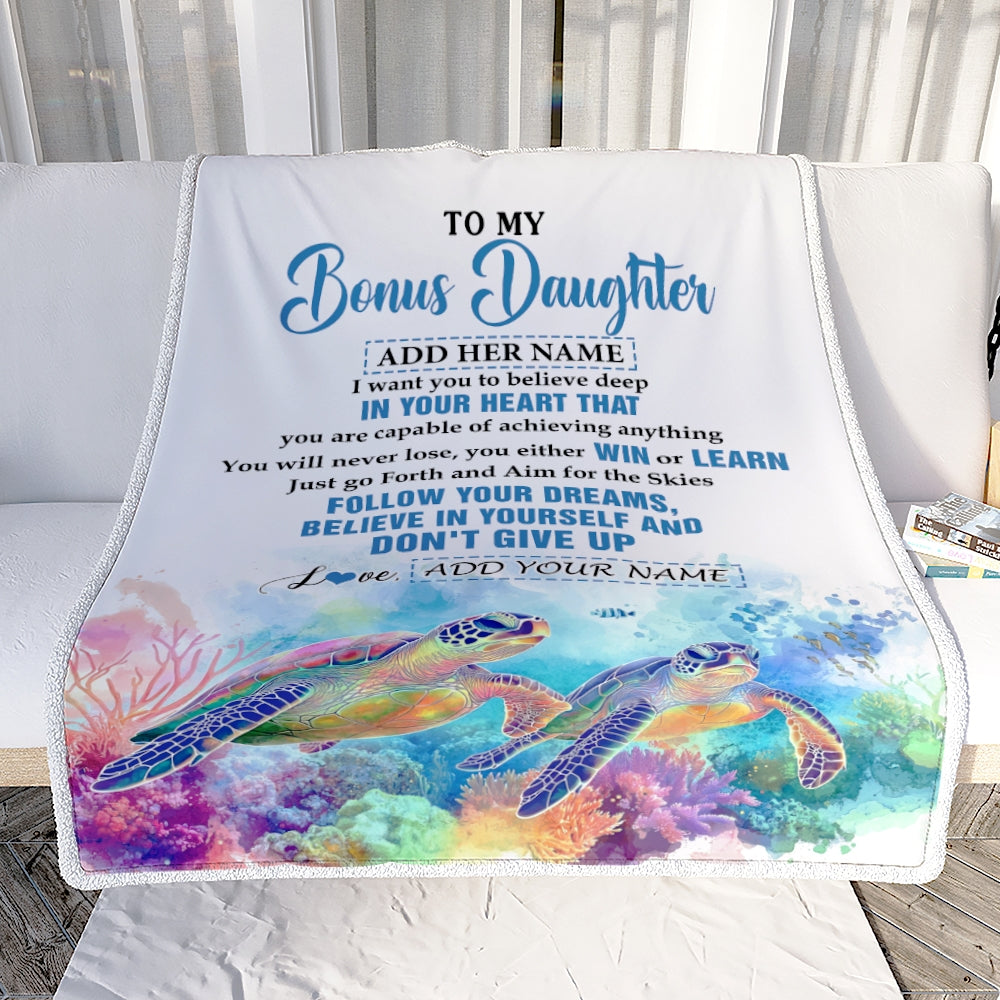 Personalized To My Bonus Daughter Gifts From Step Mom Blanket Don't Give Up Turtle Gifts For Stepdaughter Birthday Graduation Christmas Custom Fleece Blanket | teecentury