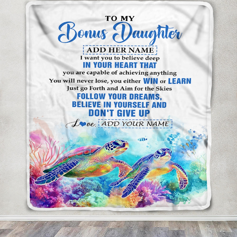 Personalized To My Bonus Daughter Gifts From Step Mom Blanket Don't Give Up Turtle Gifts For Stepdaughter Birthday Graduation Christmas Custom Fleece Blanket | teecentury