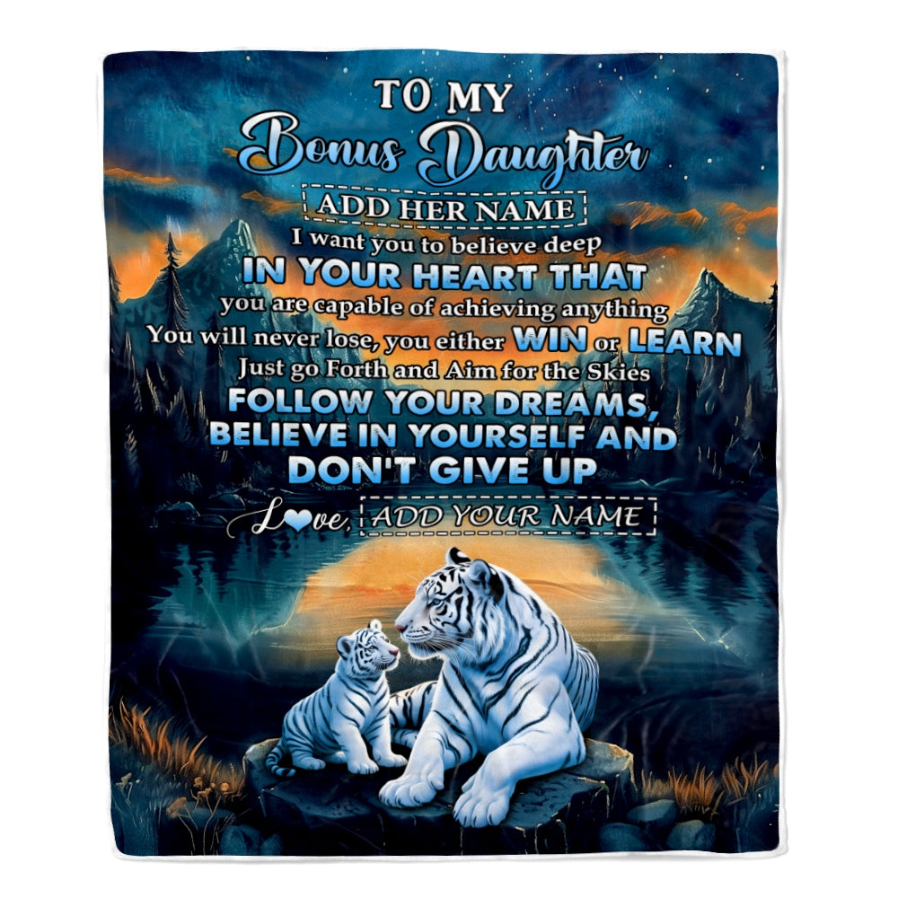 Personalized To My Bonus Daughter Gifts From Step Mom Blanket Don't Give Up White Tiger Gifts For Stepdaughter Birthday Graduation Christmas Fleece Blanket | teecentury