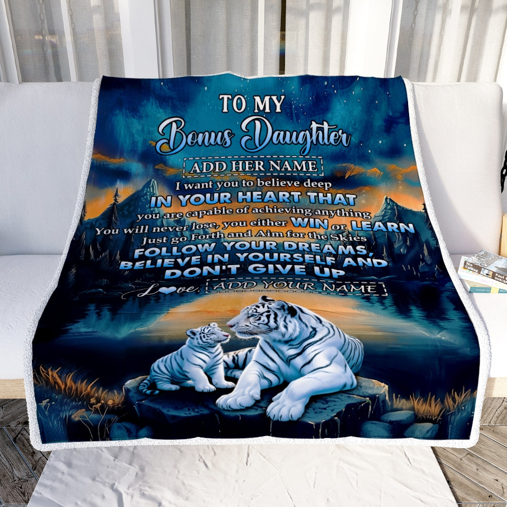 Personalized To My Bonus Daughter Gifts From Step Mom Blanket Don't Give Up White Tiger Gifts For Stepdaughter Birthday Graduation Christmas Fleece Blanket | teecentury