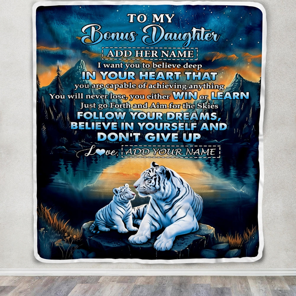 Personalized To My Bonus Daughter Gifts From Step Mom Blanket Don't Give Up White Tiger Gifts For Stepdaughter Birthday Graduation Christmas Fleece Blanket | teecentury