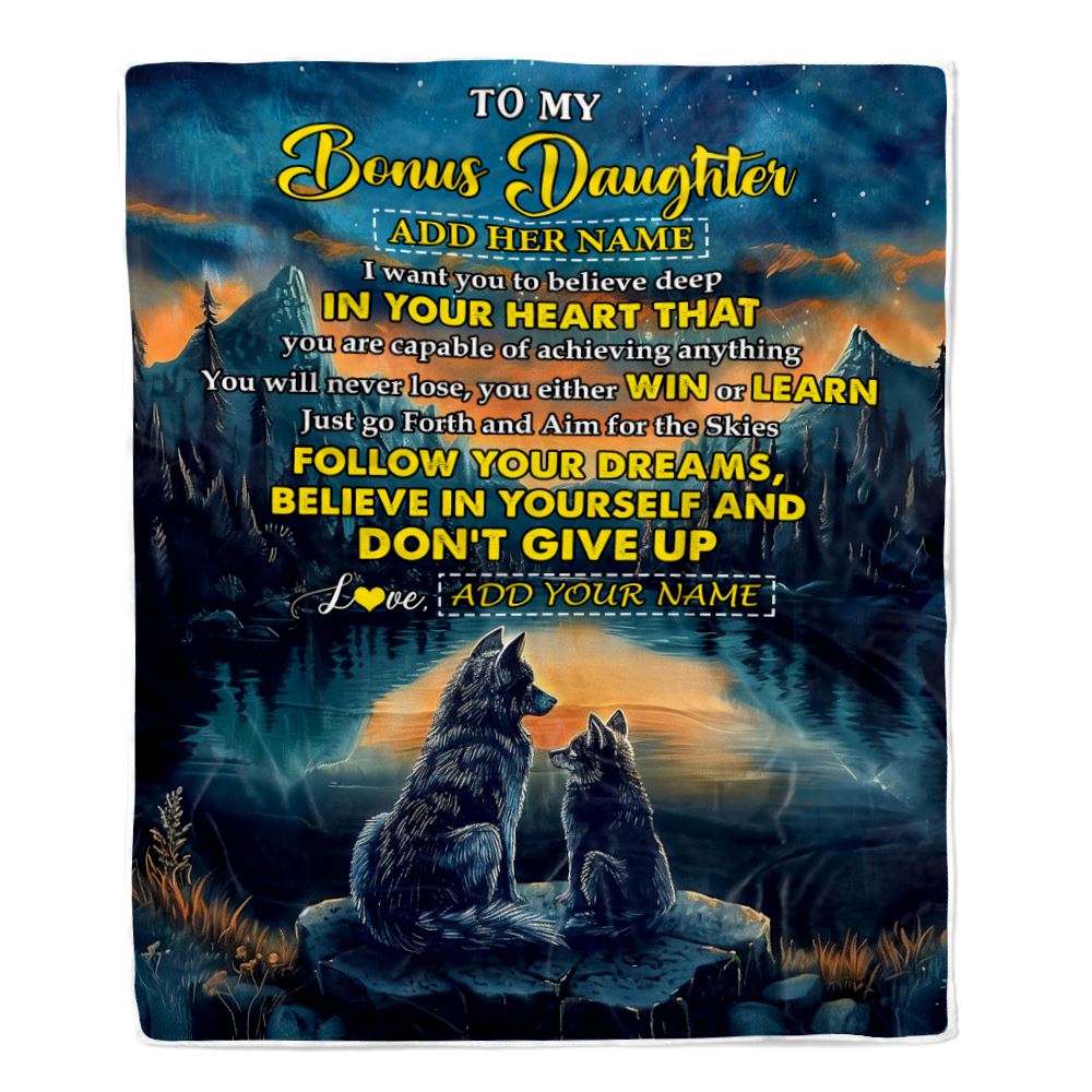 Personalized To My Bonus Daughter Gifts From Step Mom Blanket Don't Give Up Wolf Gifts For Stepdaughter Birthday Graduation Christmas Customized Fleece Blanket | teecentury