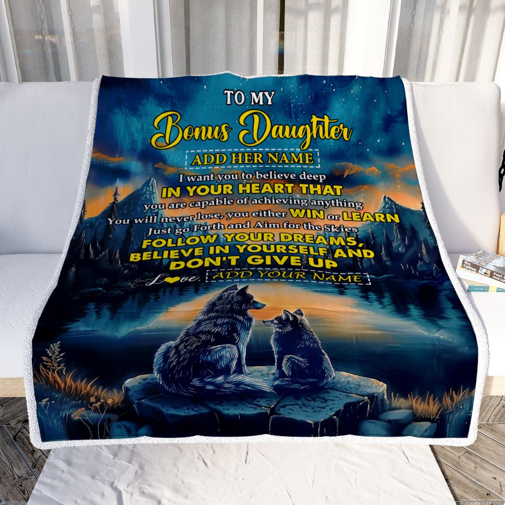 Personalized To My Bonus Daughter Gifts From Step Mom Blanket Don't Give Up Wolf Gifts For Stepdaughter Birthday Graduation Christmas Customized Fleece Blanket | teecentury