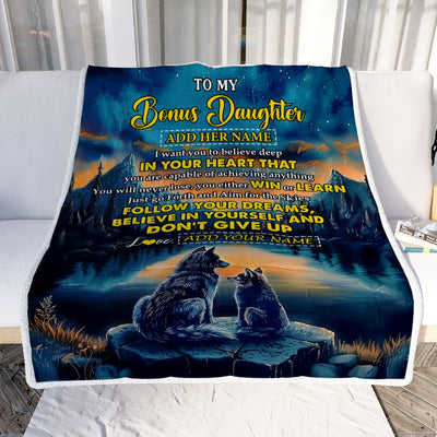 Personalized To My Bonus Daughter Gifts From Step Mom Blanket Don't Give Up Wolf Gifts For Stepdaughter Birthday Graduation Christmas Customized Fleece Blanket | teecentury