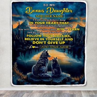 Personalized To My Bonus Daughter Gifts From Step Mom Blanket Don't Give Up Wolf Gifts For Stepdaughter Birthday Graduation Christmas Customized Fleece Blanket | teecentury